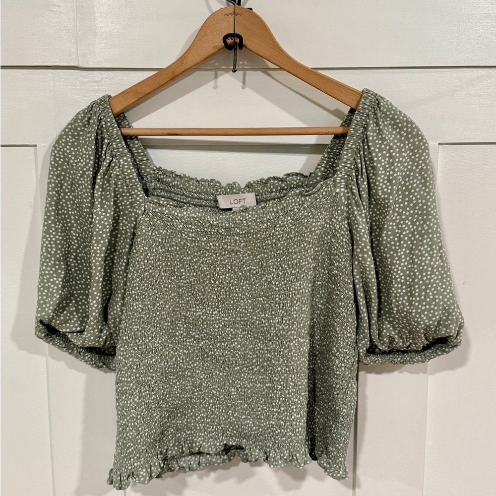 LOFT Green Puff Sleeve Smocked Crop Blouse